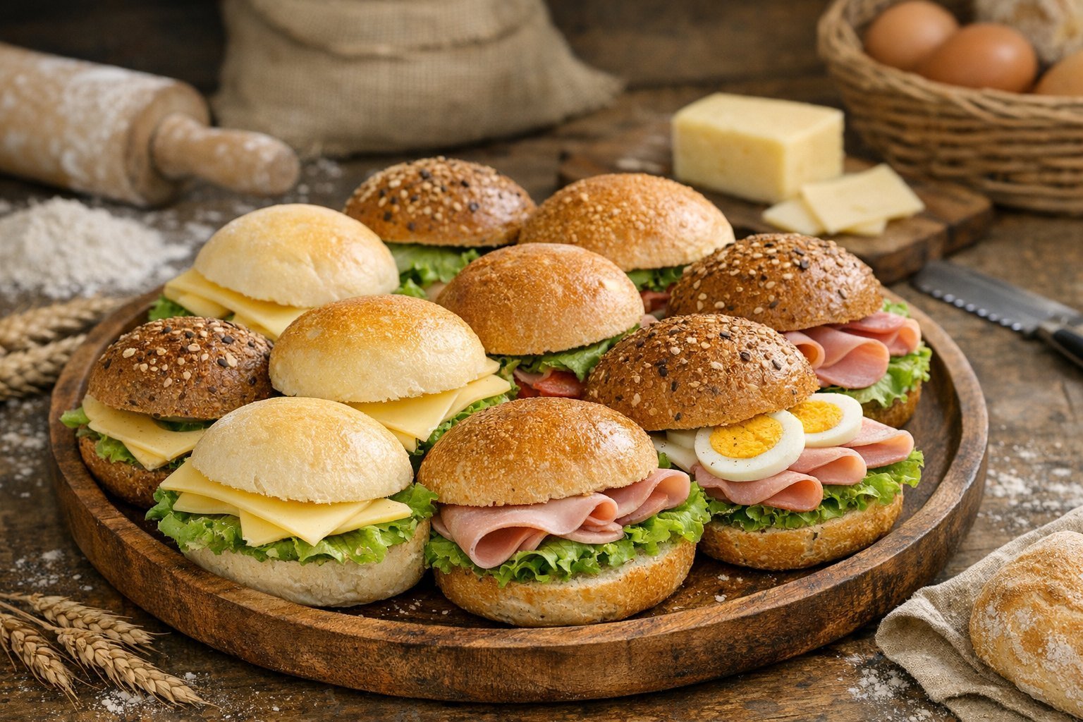 Een houten schaal met belegde broodjes met kaas, ham en ei